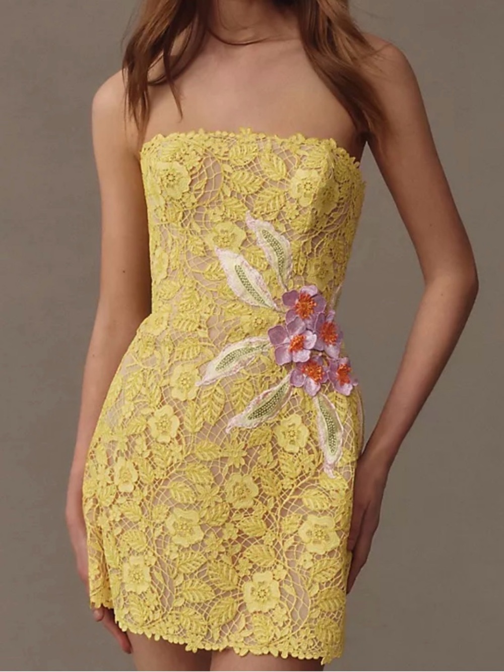HELSI Elena Strapless Floral Lace Mini Dress in Yellow